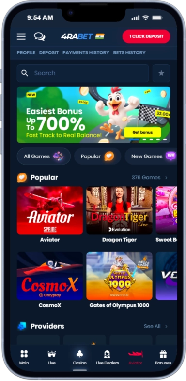4rabet App Download screenshot – casino games section